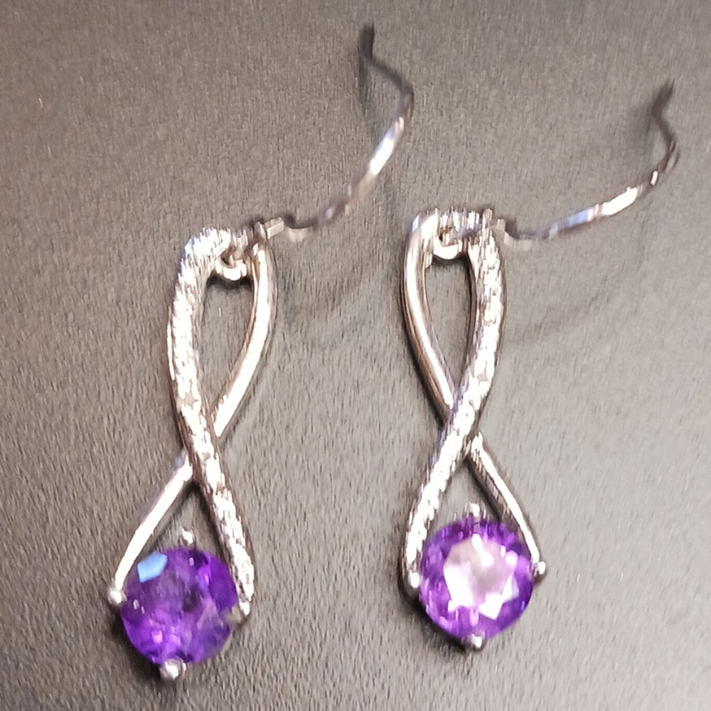 Authenic Diamond and Purple Amethyst Dangle Earrings PAH BB 925 Sterling (25)